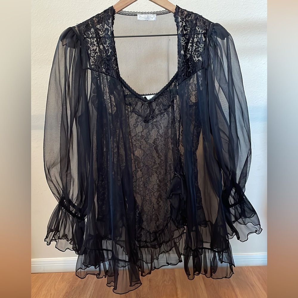 SOLD Vintage 3 Piece Set Sheer Black Lace Ruffle Chemise, Bed Jacket, and Pan…